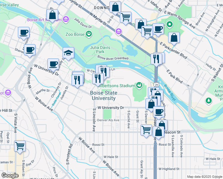 map of restaurants, bars, coffee shops, grocery stores, and more near 1910 West University Drive in Boise