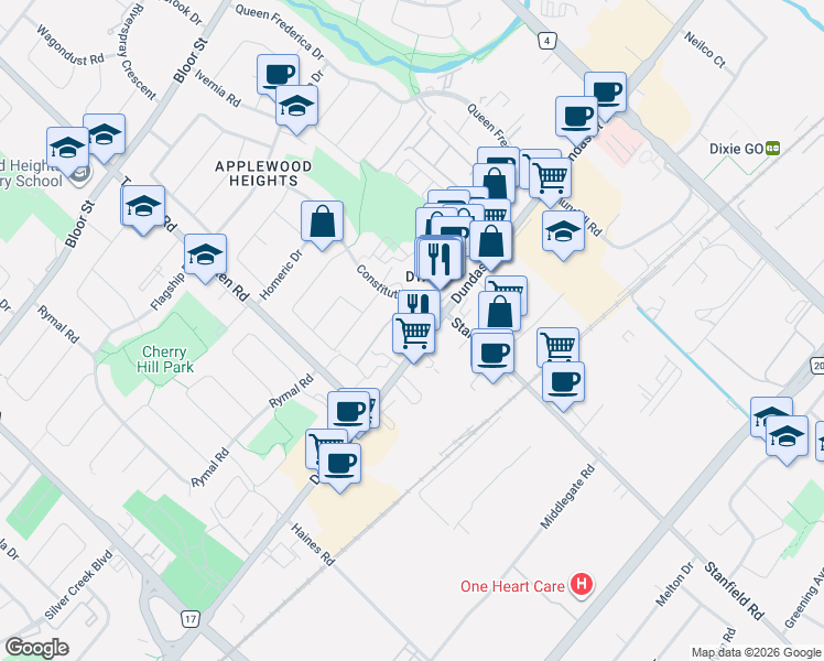 map of restaurants, bars, coffee shops, grocery stores, and more near 3040 Constitution Boulevard in Mississauga