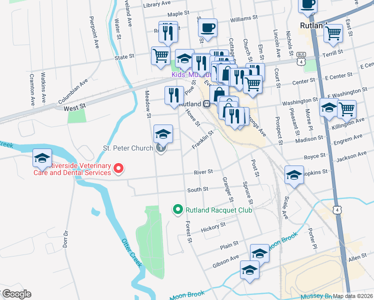 map of restaurants, bars, coffee shops, grocery stores, and more near 60 Forest Street in Rutland