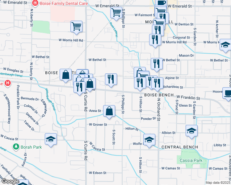 map of restaurants, bars, coffee shops, grocery stores, and more near 5500 Franklin Road in Boise