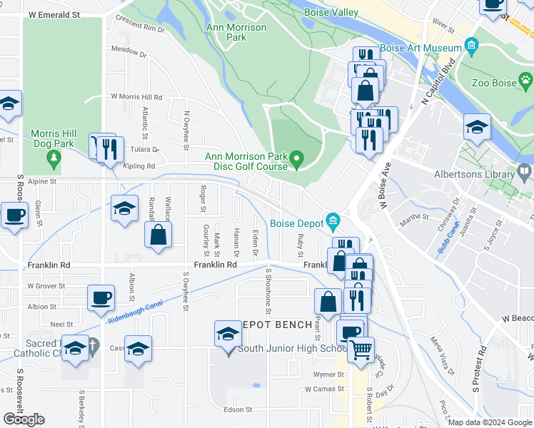 map of restaurants, bars, coffee shops, grocery stores, and more near 115 Dot Street in Boise