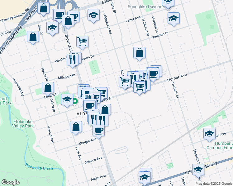 map of restaurants, bars, coffee shops, grocery stores, and more near in Toronto