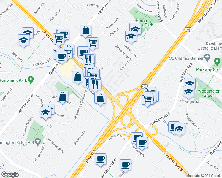 map of restaurants, bars, coffee shops, grocery stores, and more near in Mississauga
