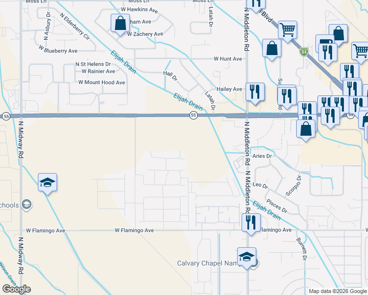 map of restaurants, bars, coffee shops, grocery stores, and more near 11230 Karcher Road in Nampa