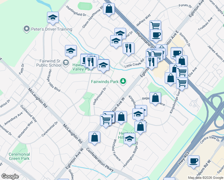 map of restaurants, bars, coffee shops, grocery stores, and more near Willowood Drive in Mississauga