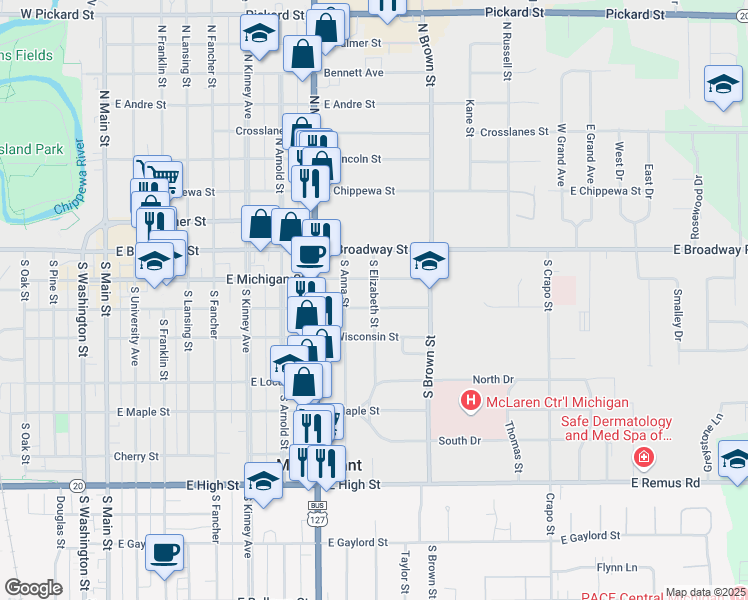 map of restaurants, bars, coffee shops, grocery stores, and more near 101 South Elizabeth Street in Mount Pleasant