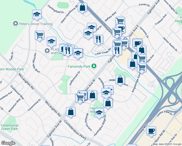 map of restaurants, bars, coffee shops, grocery stores, and more near 5014 Fairwind Drive in Mississauga
