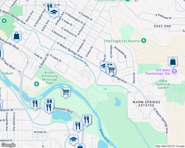map of restaurants, bars, coffee shops, grocery stores, and more near 1594 Lenz Lane in Boise