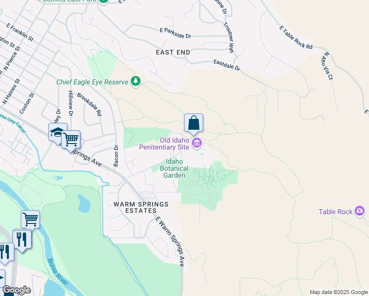 map of restaurants, bars, coffee shops, grocery stores, and more near 2420 Old Penitentiary Road in Boise