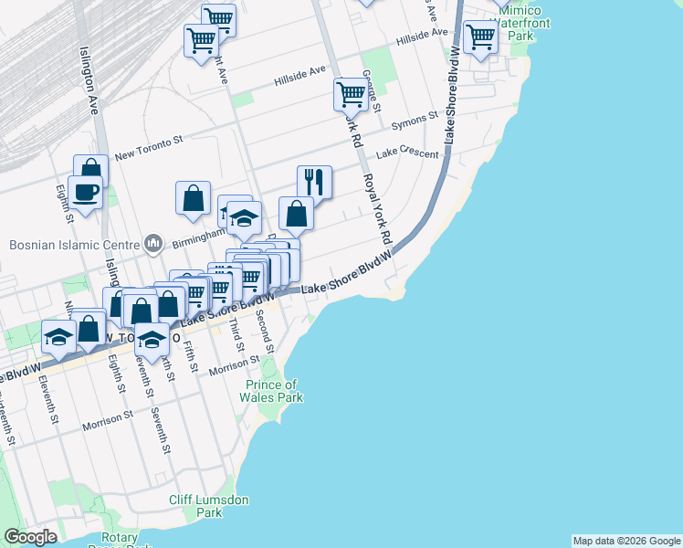 map of restaurants, bars, coffee shops, grocery stores, and more near 2680 Lake Shore Boulevard West in Toronto