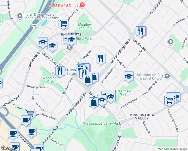 map of restaurants, bars, coffee shops, grocery stores, and more near 4004 Midhurst Lane in Mississauga