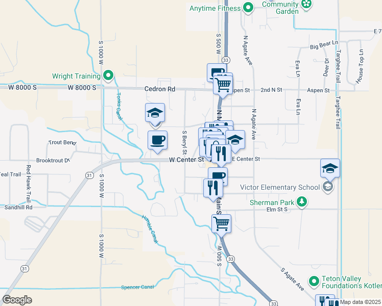 map of restaurants, bars, coffee shops, grocery stores, and more near 57 South Beryl Avenue in Victor