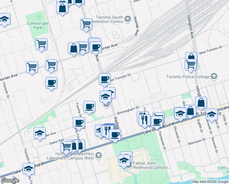 map of restaurants, bars, coffee shops, grocery stores, and more near 3845 Lake Shore Boulevard West in Toronto