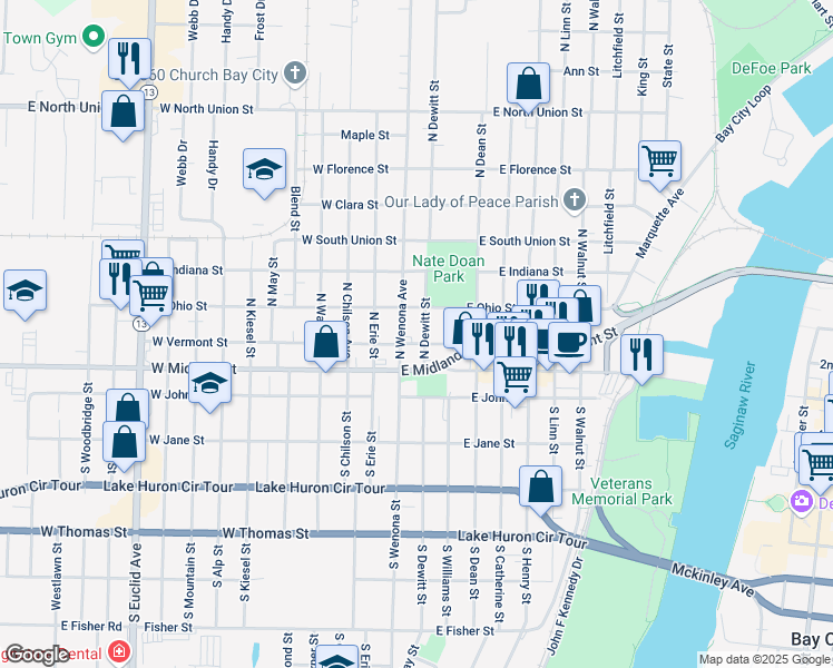 map of restaurants, bars, coffee shops, grocery stores, and more near 200-298 N Dewitt St in Bay City