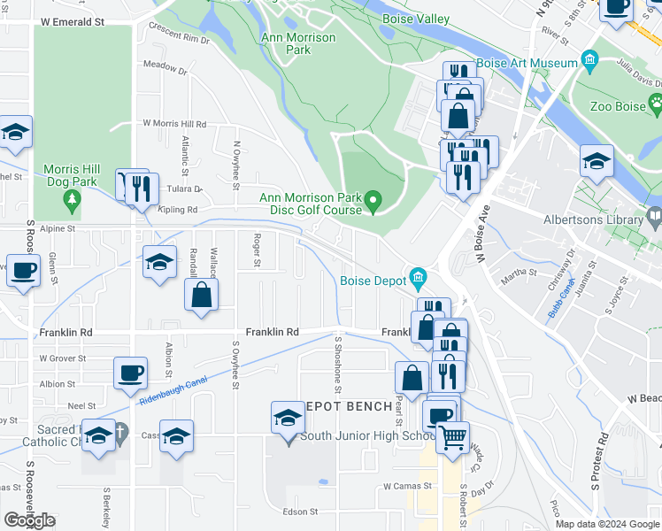 map of restaurants, bars, coffee shops, grocery stores, and more near 3007 Alpine St in Boise
