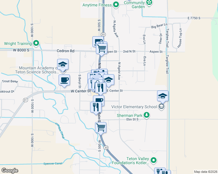 map of restaurants, bars, coffee shops, grocery stores, and more near 43 East Center Street in Victor