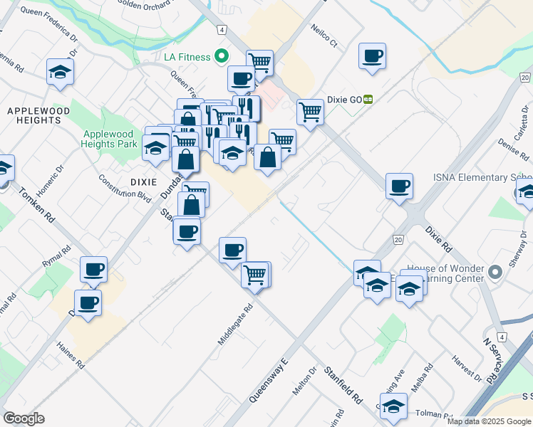 map of restaurants, bars, coffee shops, grocery stores, and more near 2495 Stanfield Road in Mississauga