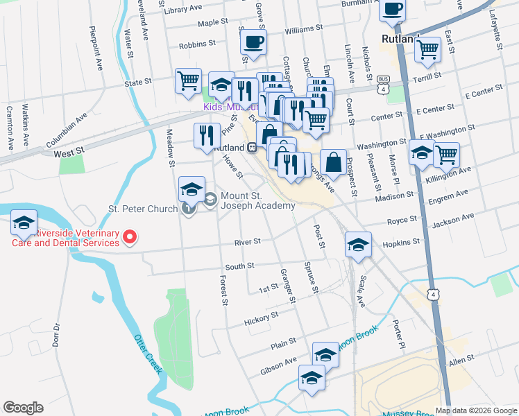 map of restaurants, bars, coffee shops, grocery stores, and more near 78 Granger Street in Rutland