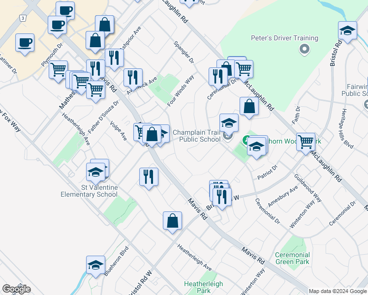 map of restaurants, bars, coffee shops, grocery stores, and more near 776 Savoy Crescent in Mississauga