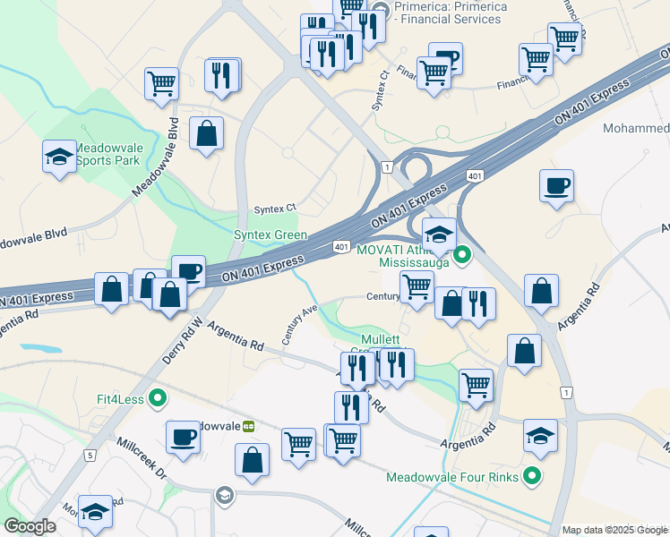 map of restaurants, bars, coffee shops, grocery stores, and more near 6925 Century Avenue in Mississauga