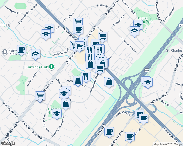 map of restaurants, bars, coffee shops, grocery stores, and more near 55 Kingsbridge Garden Circle in Mississauga