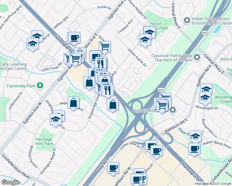 map of restaurants, bars, coffee shops, grocery stores, and more near Hurontario Street in Mississauga