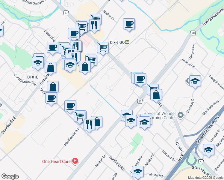 map of restaurants, bars, coffee shops, grocery stores, and more near Tonolli Road in Mississauga