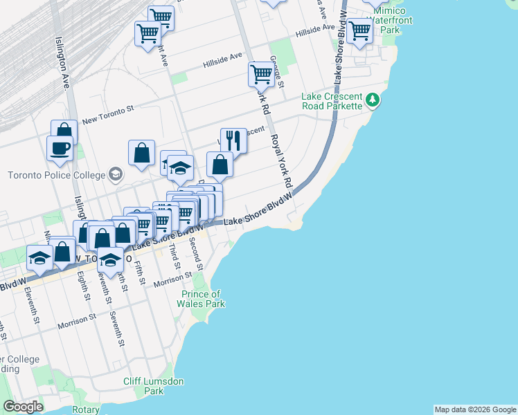 map of restaurants, bars, coffee shops, grocery stores, and more near 2680 Lake Shore Boulevard West in Toronto