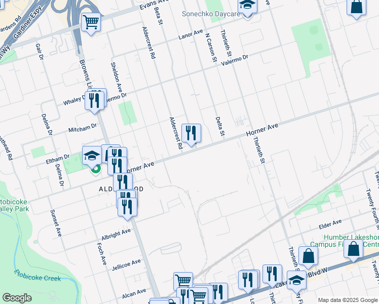 map of restaurants, bars, coffee shops, grocery stores, and more near 421 Horner Avenue in Toronto