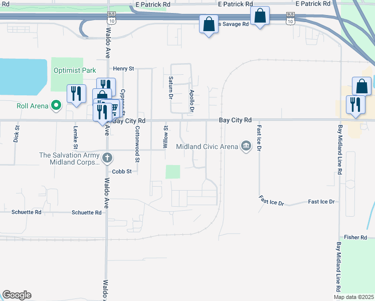 map of restaurants, bars, coffee shops, grocery stores, and more near 454 Hawthorne Hollow in Midland