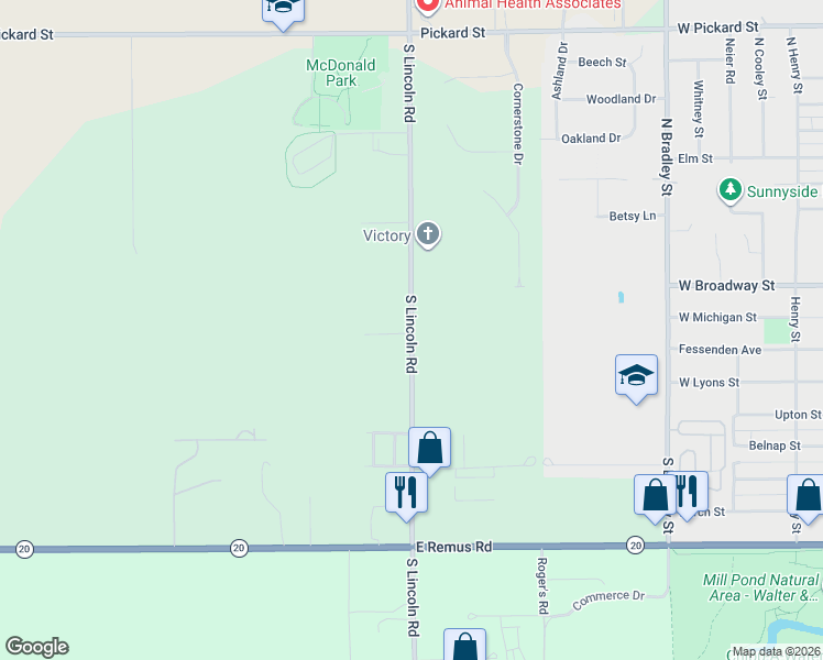 map of restaurants, bars, coffee shops, grocery stores, and more near 2580 S Lincoln Rd in Mt Pleasant