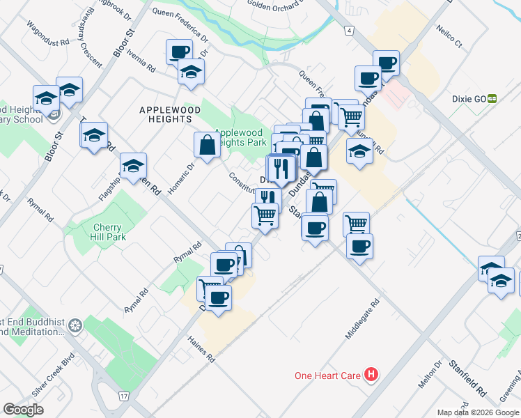 map of restaurants, bars, coffee shops, grocery stores, and more near 3040 Constitution Boulevard in Mississauga