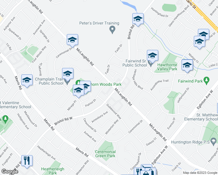 map of restaurants, bars, coffee shops, grocery stores, and more near 550 Steddick Court in Mississauga