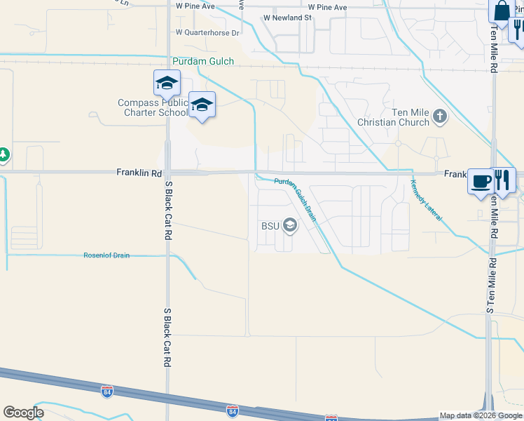 map of restaurants, bars, coffee shops, grocery stores, and more near 4325 West Balance Rock Drive in Meridian