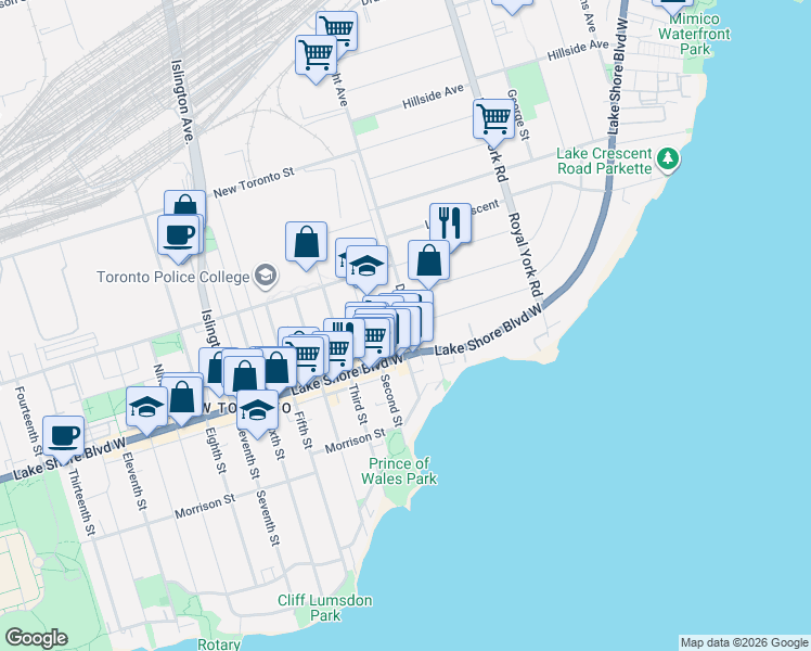 map of restaurants, bars, coffee shops, grocery stores, and more near 12 Dwight Avenue in Toronto