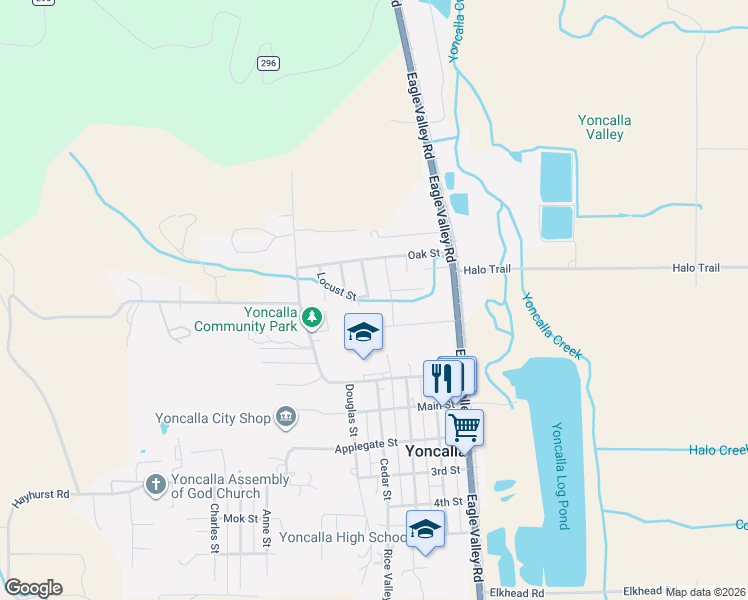 map of restaurants, bars, coffee shops, grocery stores, and more near 425 Spruce Street in Yoncalla