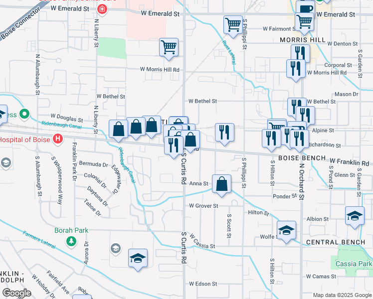 map of restaurants, bars, coffee shops, grocery stores, and more near 5711 West Franklin Road in Boise