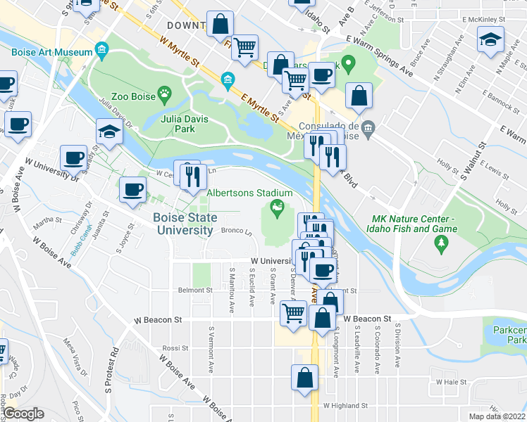 map of restaurants, bars, coffee shops, grocery stores, and more near 1910 University Drive in Boise