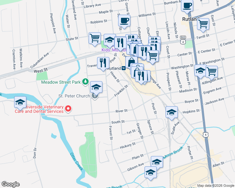 map of restaurants, bars, coffee shops, grocery stores, and more near 95 Franklin Street in Rutland