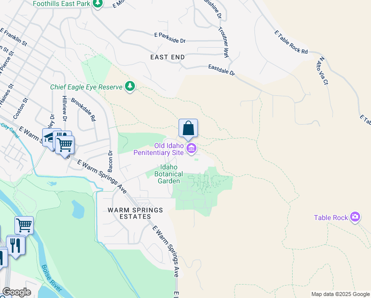 map of restaurants, bars, coffee shops, grocery stores, and more near 2420 Old Penitentiary Road in Boise