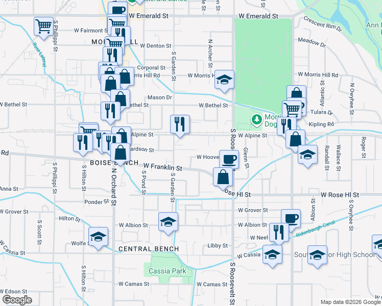 map of restaurants, bars, coffee shops, grocery stores, and more near 4407 West Alpine Street in Boise
