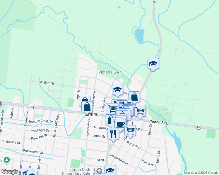 map of restaurants, bars, coffee shops, grocery stores, and more near 25 Riverside Drive in Elmira