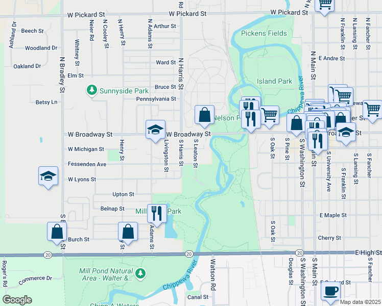 map of restaurants, bars, coffee shops, grocery stores, and more near 902 West Michigan Street in Mount Pleasant