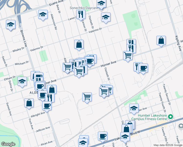 map of restaurants, bars, coffee shops, grocery stores, and more near in Toronto