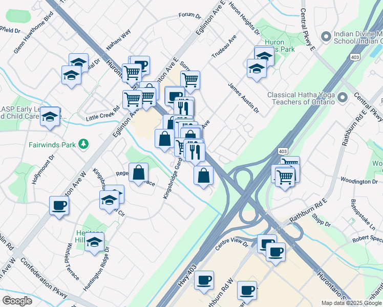 map of restaurants, bars, coffee shops, grocery stores, and more near 10 Hurontario Street in Mississauga