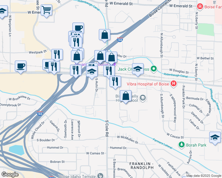 map of restaurants, bars, coffee shops, grocery stores, and more near 134 South Cole Road in Boise