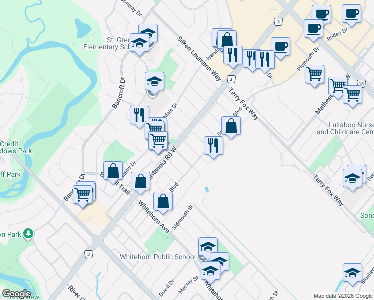 map of restaurants, bars, coffee shops, grocery stores, and more near 5959 Stonebriar Crescent in Mississauga