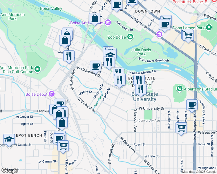 map of restaurants, bars, coffee shops, grocery stores, and more near 1301 Juanita Street in Boise