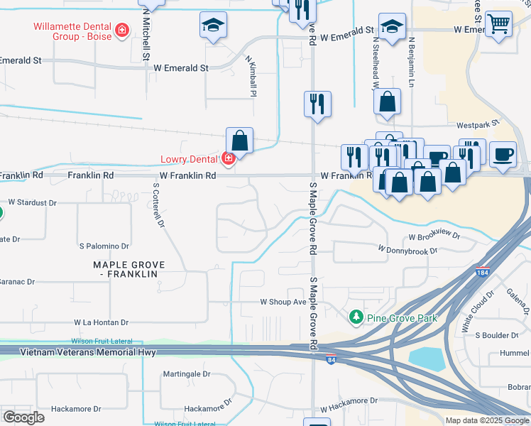 map of restaurants, bars, coffee shops, grocery stores, and more near 125 Quail Run Place in Boise