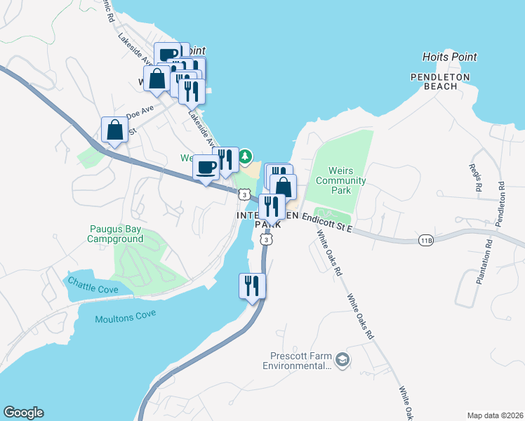 map of restaurants, bars, coffee shops, grocery stores, and more near Daniel Webster Highway in Laconia